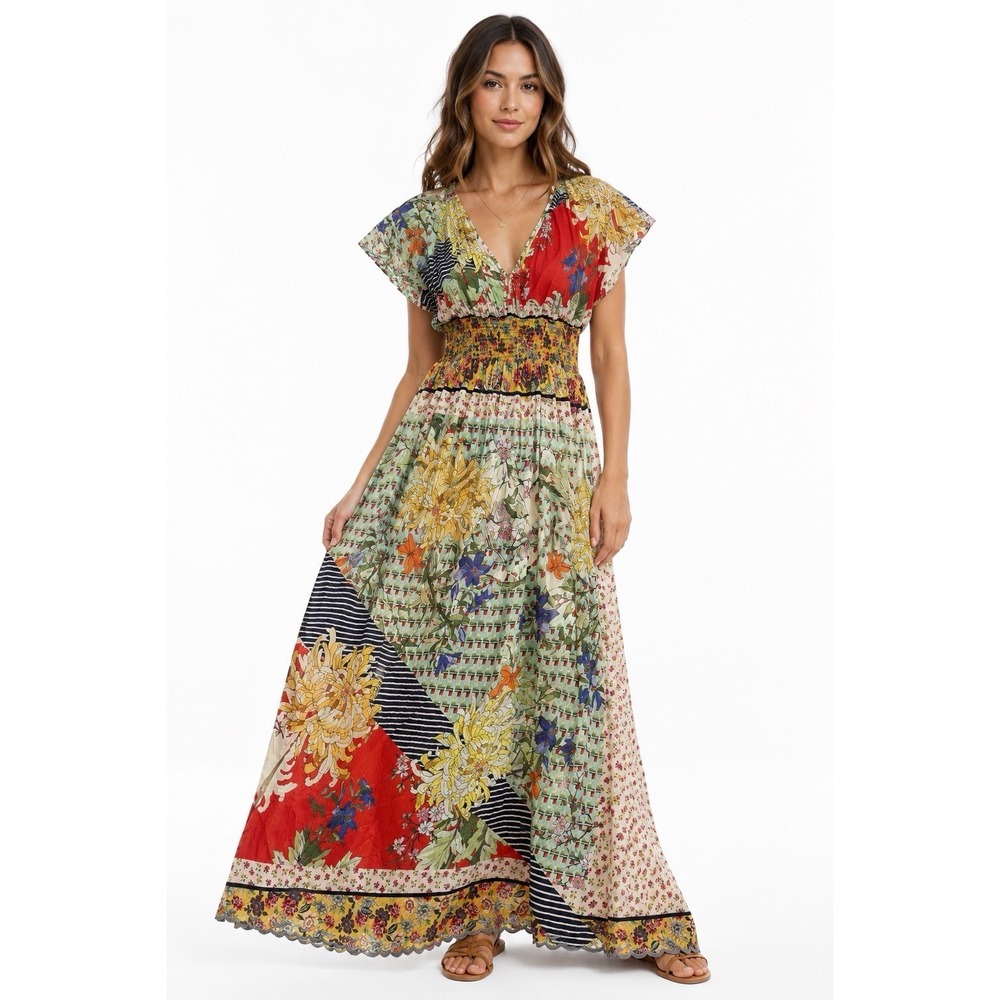 Johnny Was Magnolia Patchwork Silk Maxi Dress S Boho Floral Smocked Rare Resort